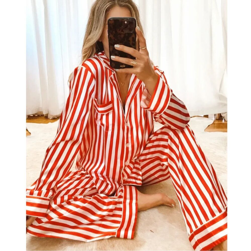 Show Me Your Mumu, Classic Striped Satin PJ Set Peppermint Red, L Holiday Sleep